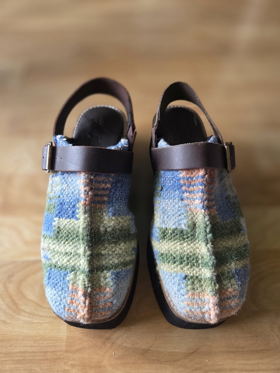Free People Shoes - Free People Blue & Green Patterned Platform Clogs with Brown Leather Strap